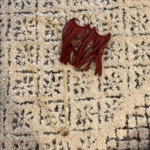Gold circle charm necklace &maroon tassel earrings